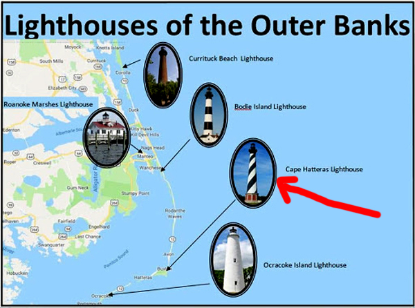 map showing location of Cape Hatteras Lighhouse